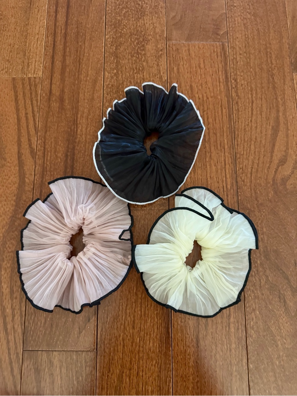 Chiffon Ruffle Scrunchie Trio - Black, Blush, Cream